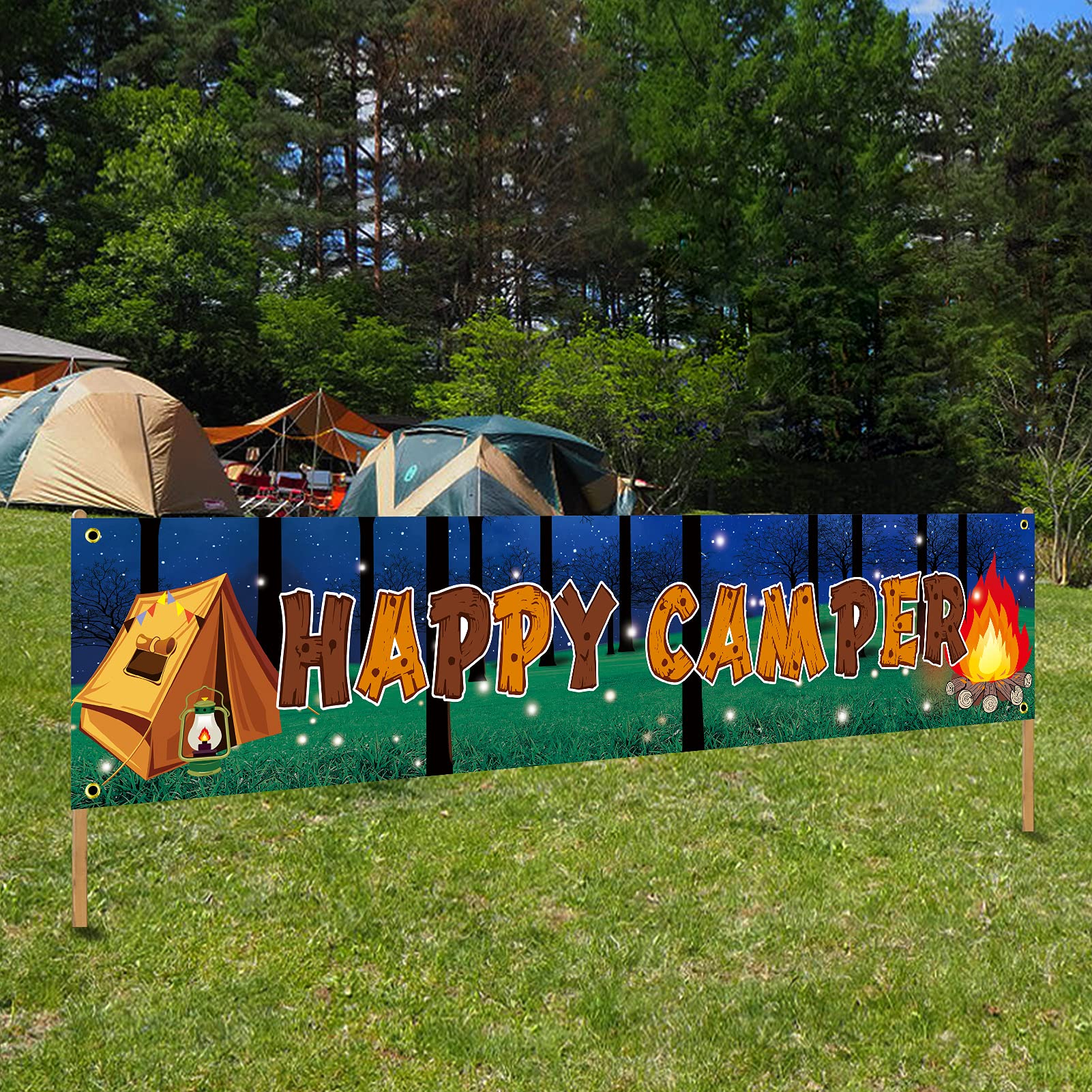 Outdoor Adventure Birthday Party - Happy Camper баннер на тему кемпинга,